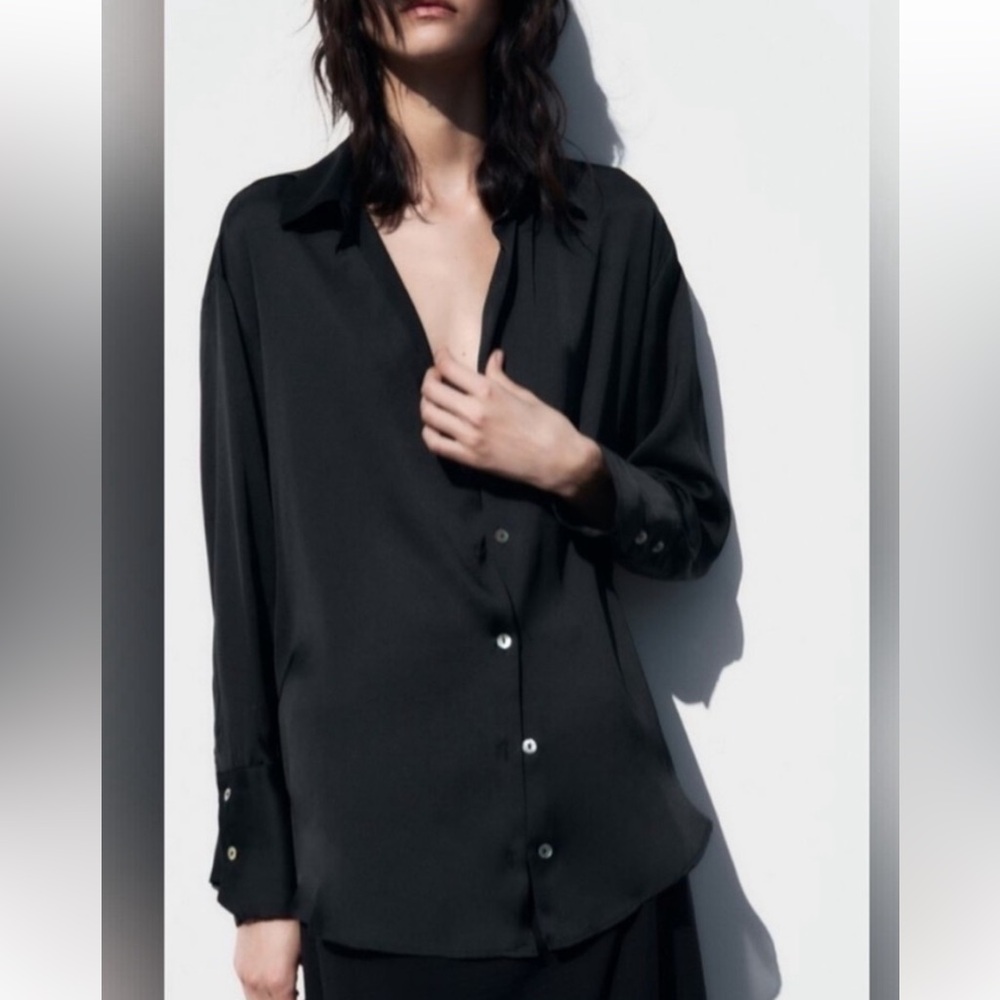 Zara Black Satin Effect Shirt Classic Boho Chic Size Medium